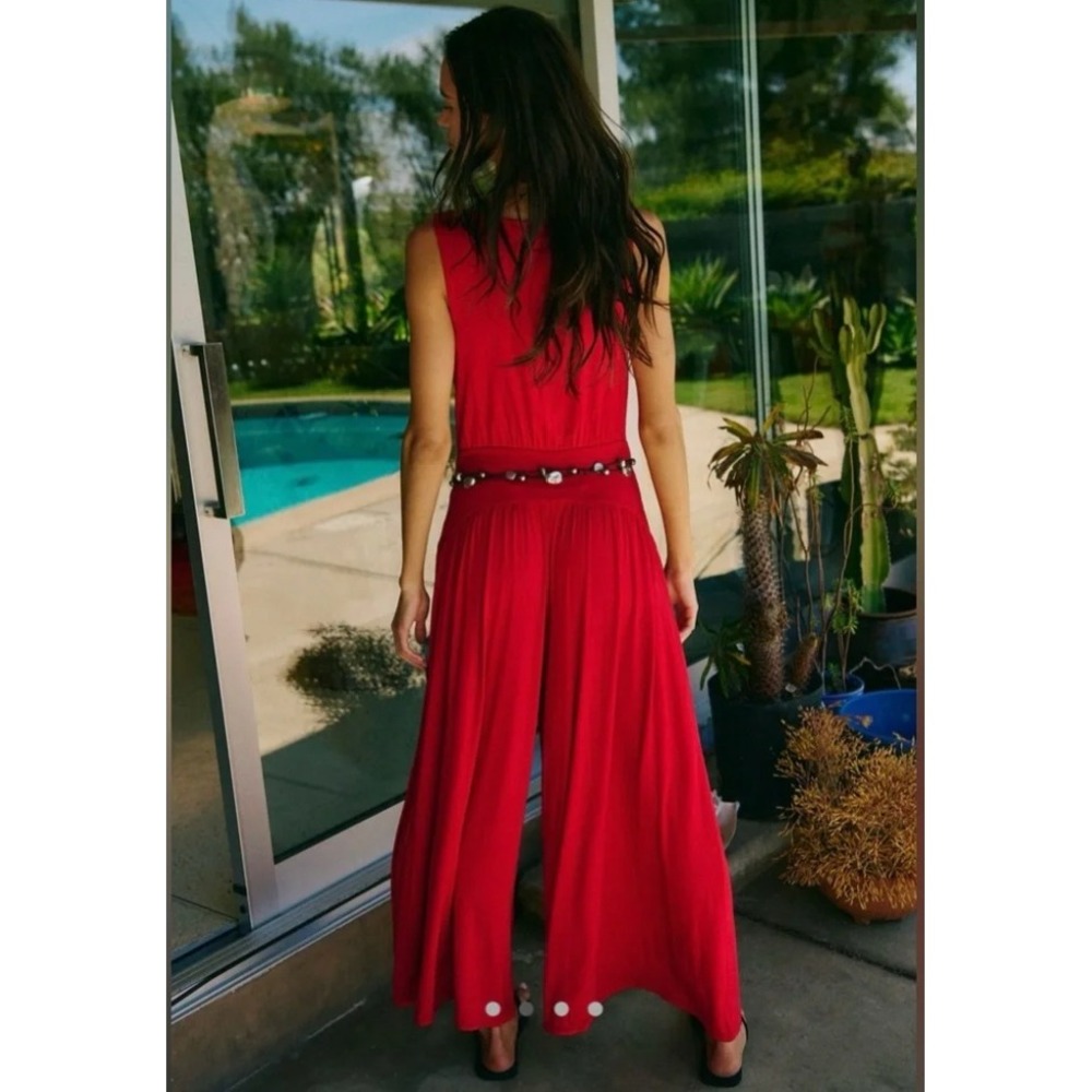 Free People Free-est Royale One Piece Size S Red Cowl Neck Wide Leg Boho Summer - Picture 3 of 12